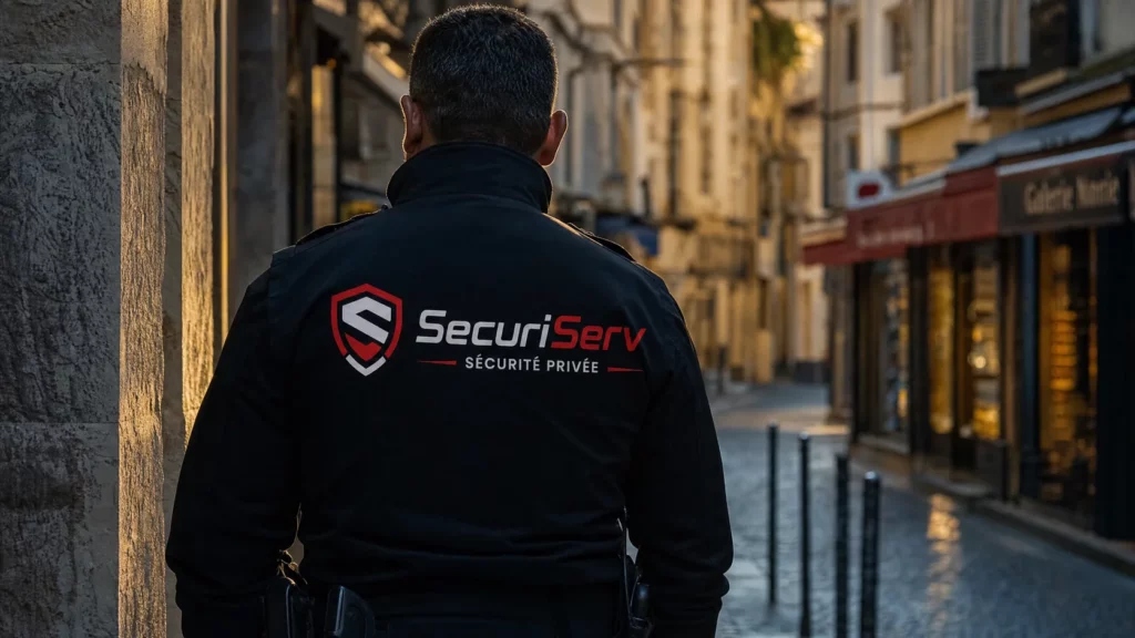 Agent de sécurité SecuriServ dans une rue du centre ancien de Nîmes en fin de journée
