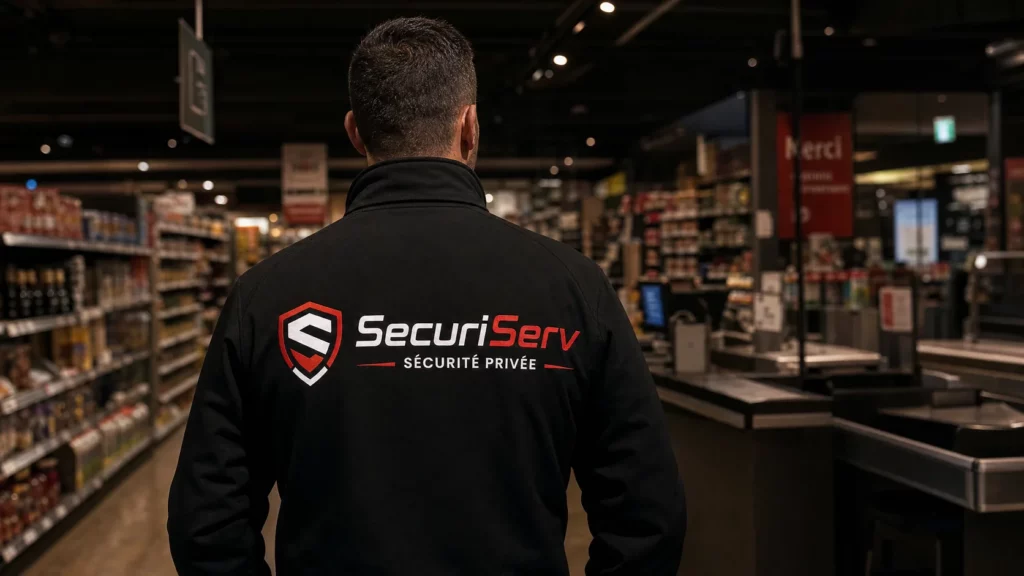 Agent de sécurité SecuriServ surveillant les rayons et les caisses d’un magasin
