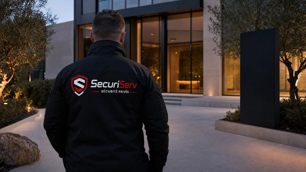 Agent de sécurité SecuriServ devant l'entrée vitrée d'une entreprise du sud de la France à la tombée du jour