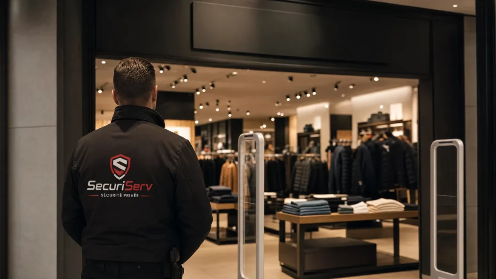 Agent de sécurité SecuriServ posté près des portiques antivol à l'entrée d'un magasin de vêtements