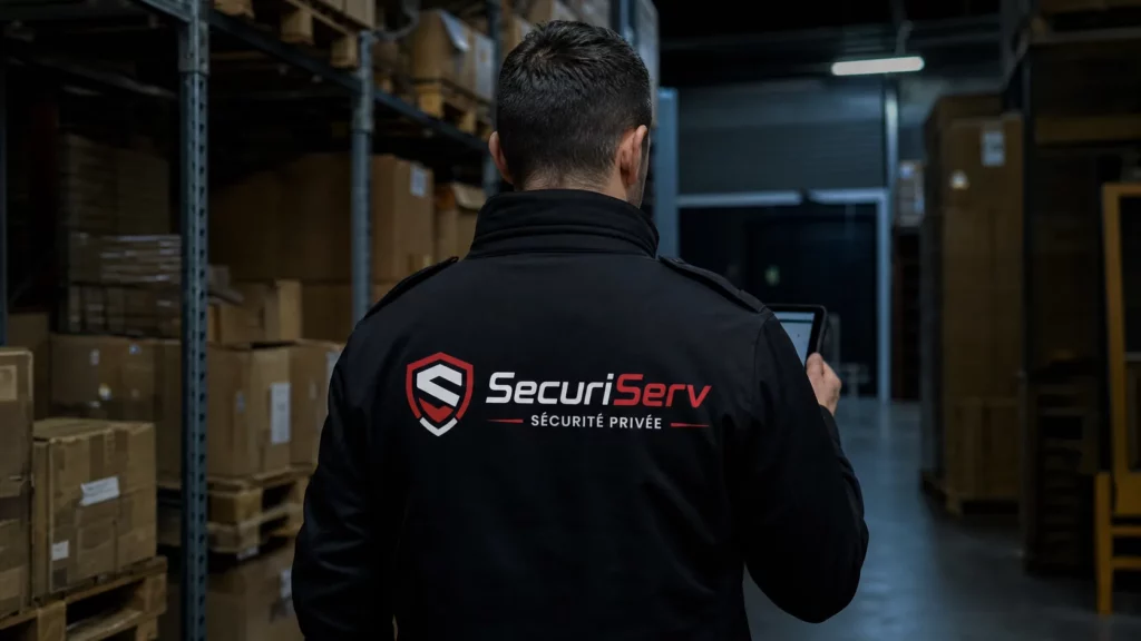 Agent de sécurité SecuriServ effectuant un contrôle dans la réserve d’un magasin
