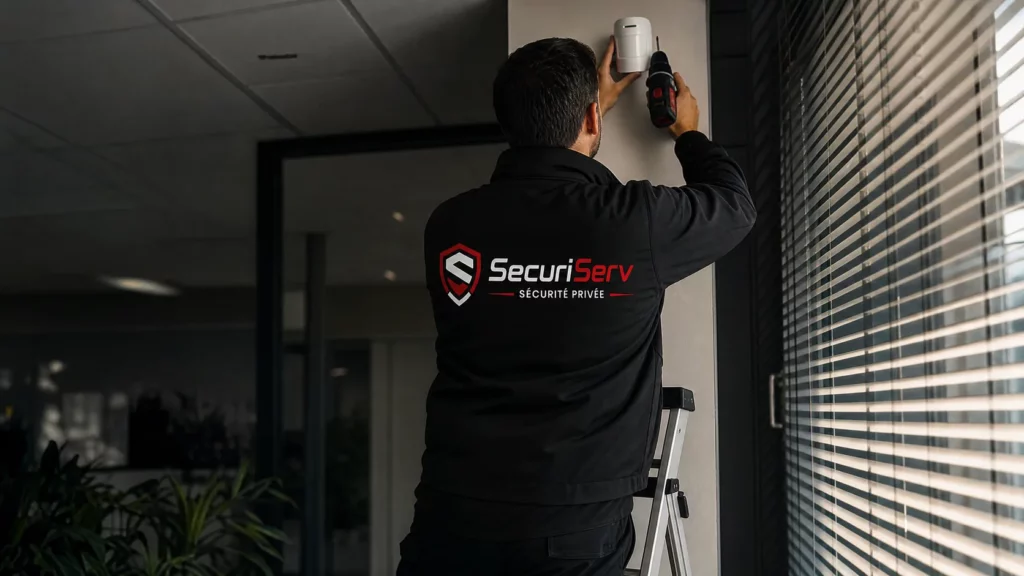 Technicien SecuriServ installant un détecteur de mouvement dans des bureaux