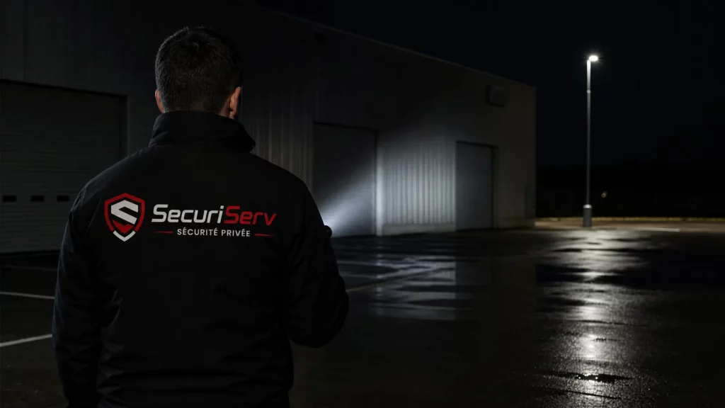 Agent de sécurité SecuriServ effectuant une levée de doute devant un entrepôt fermé la nuit