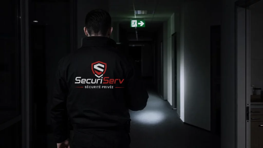 Agent de sécurité SecuriServ en ronde de nuit dans un couloir de bureaux, lampe torche allumée