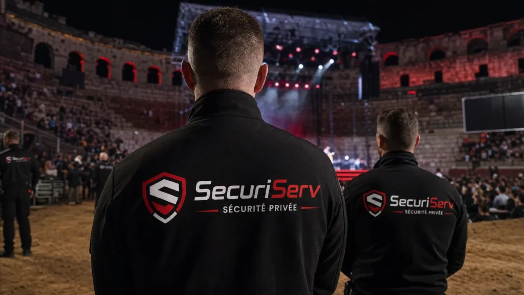 Agents de sécurité SecuriServ en dispositif dans des arènes lors d’un événement en soirée