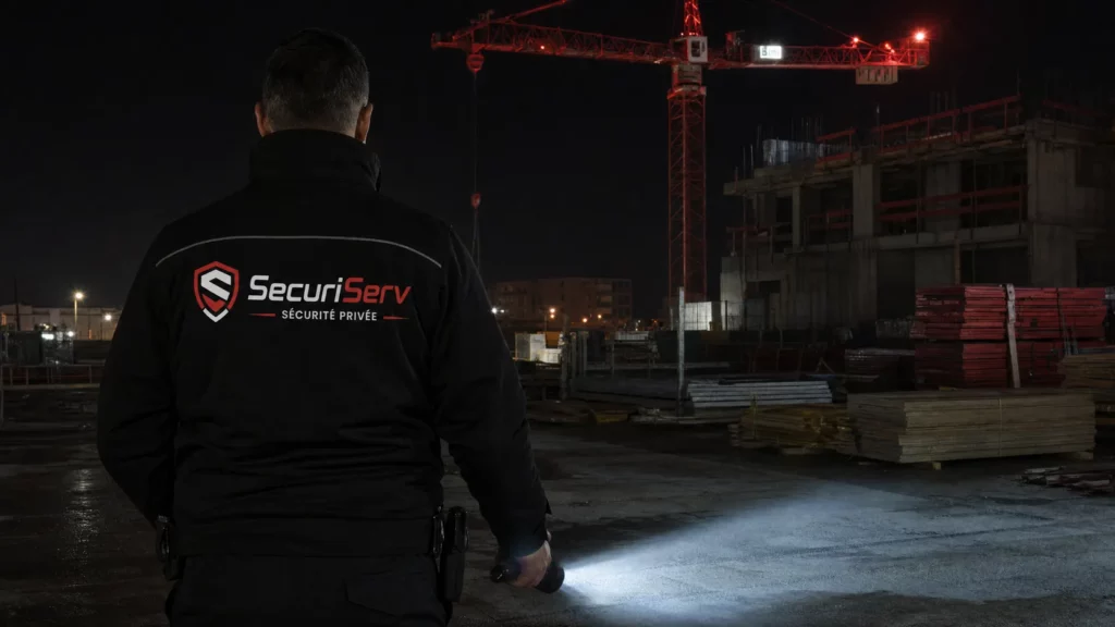 Agent de sécurité SecuriServ en surveillance de chantier la nuit, grue et matériaux stockés