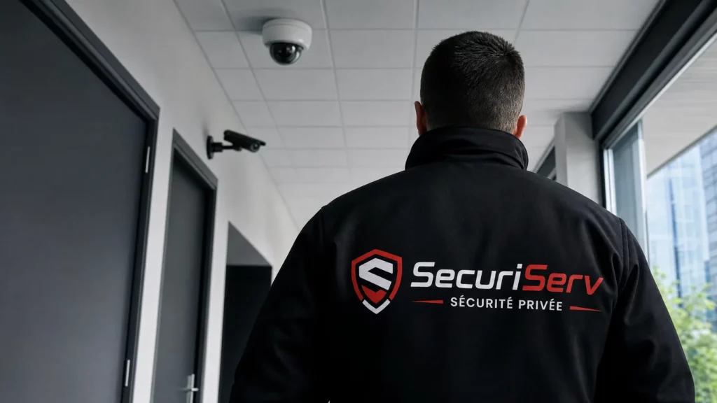 Caméra dôme de vidéosurveillance dans un couloir de bureaux, contrôlée par un agent SecuriServ
